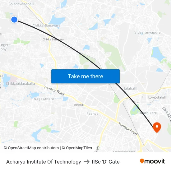 Acharya Institute Of Technology to IISc 'D' Gate map