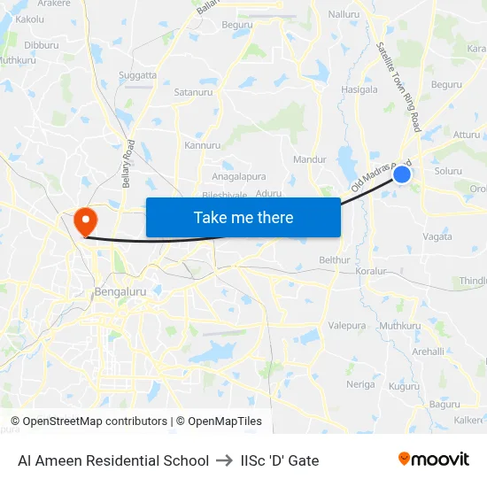 Al Ameen Residential School to IISc 'D' Gate map