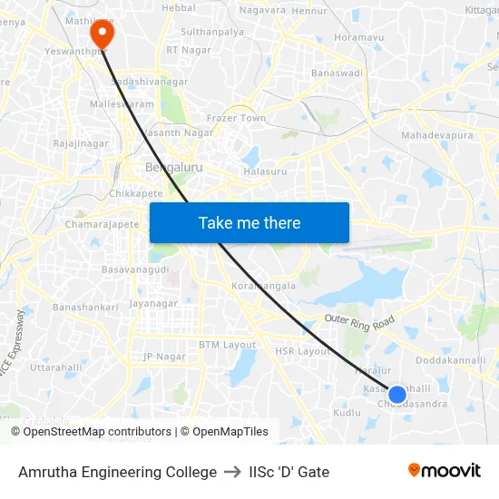 Amrutha Engineering College to IISc 'D' Gate map