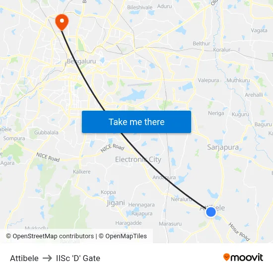 Attibele to IISc 'D' Gate map