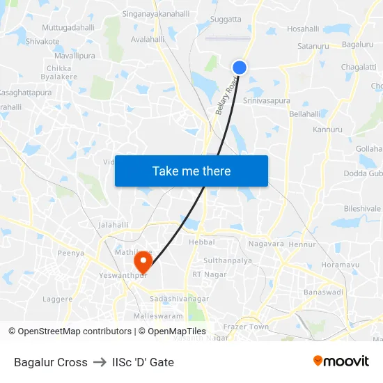 Bagalur Cross to IISc 'D' Gate map