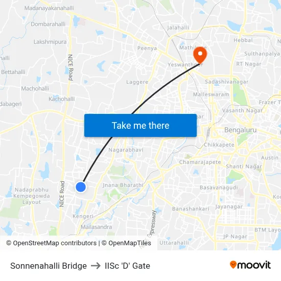 Sonnenahalli Bridge to IISc 'D' Gate map