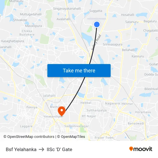 Bsf Yelahanka to IISc 'D' Gate map