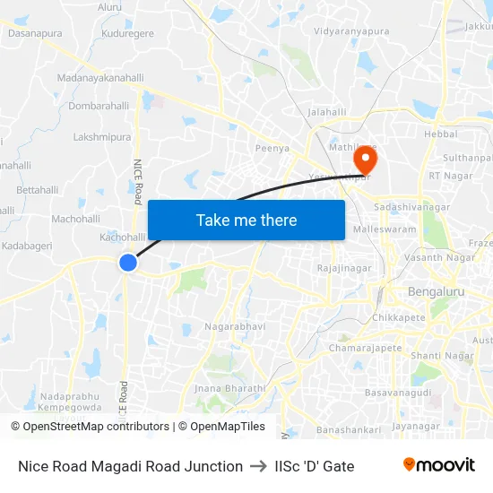 Nice Road Magadi Road Junction to IISc 'D' Gate map