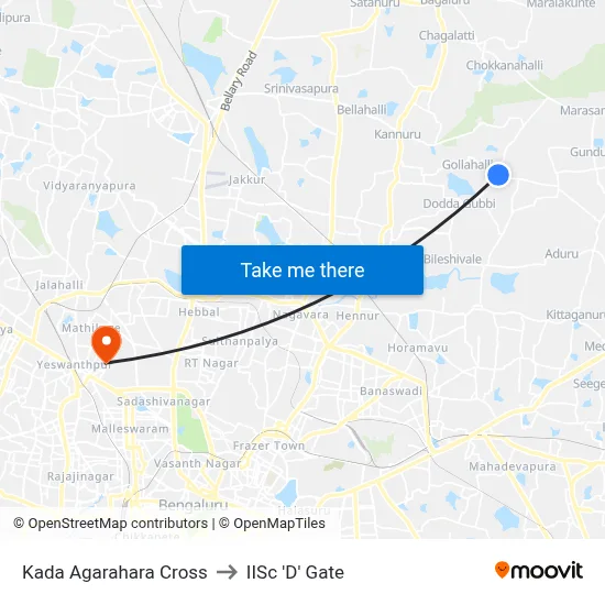 Kada Agarahara Cross to IISc 'D' Gate map