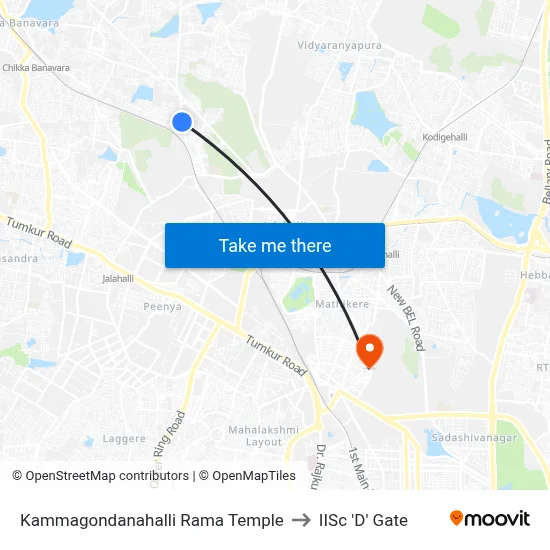 Kammagondanahalli Rama Temple to IISc 'D' Gate map