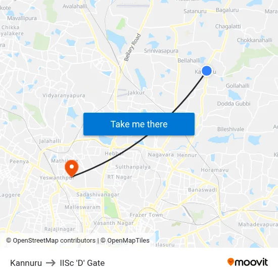 Kannuru to IISc 'D' Gate map