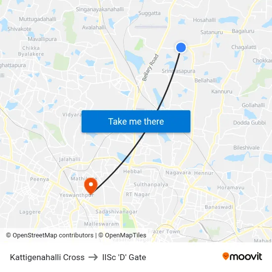 Kattigenahalli Cross to IISc 'D' Gate map