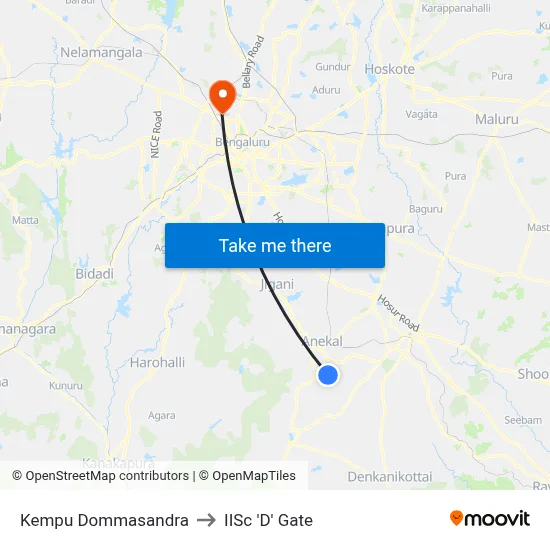 Kempu Dommasandra to IISc 'D' Gate map