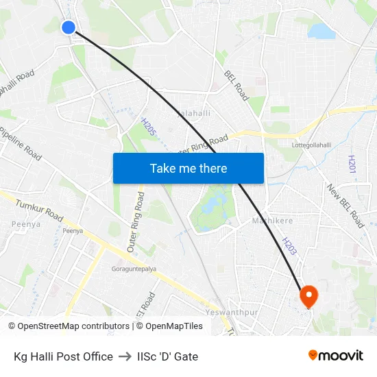 Kg Halli Post Office to IISc 'D' Gate map