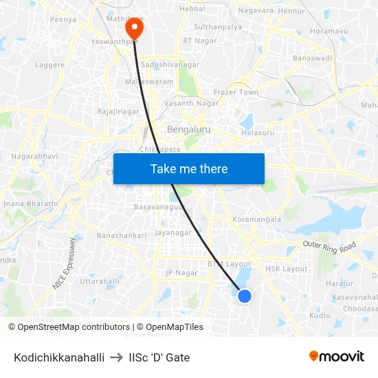 Kodichikkanahalli to IISc 'D' Gate map