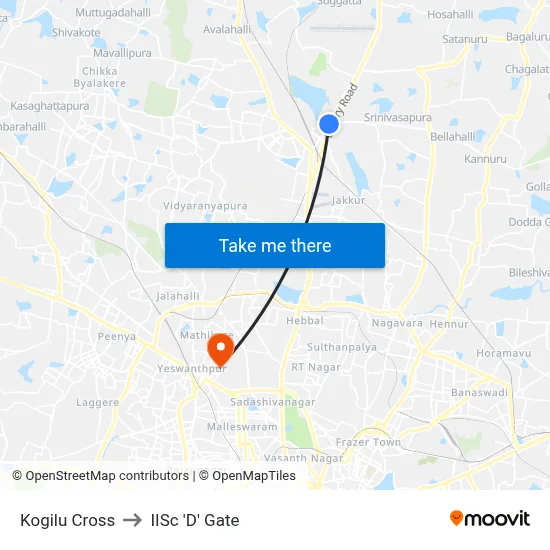 Kogilu Cross to IISc 'D' Gate map