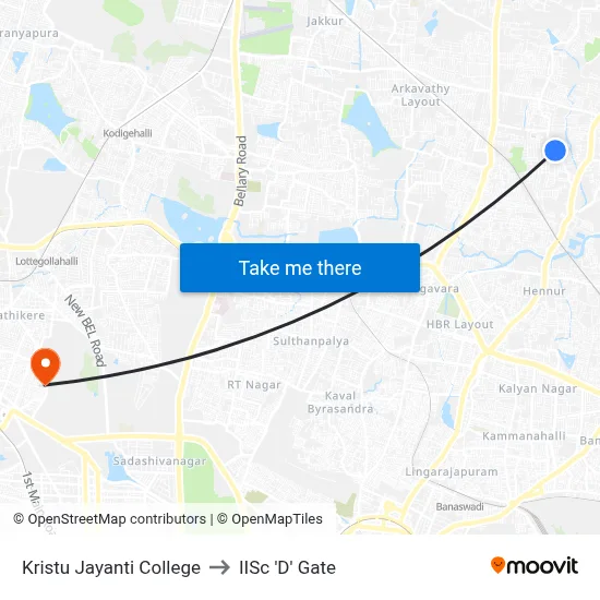 Kristu Jayanti College to IISc 'D' Gate map