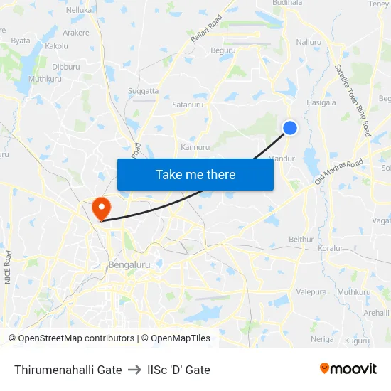 Thirumenahalli Gate to IISc 'D' Gate map