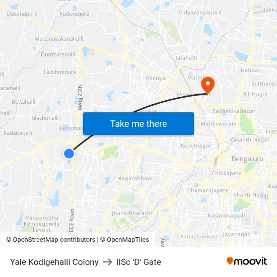 Yale Kodigehalli Colony to IISc 'D' Gate map