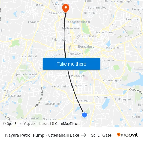 Nayara Petrol Pump Puttenahalli Lake to IISc 'D' Gate map