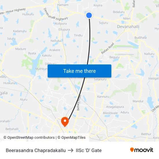 Beerasandra Chapradakallu to IISc 'D' Gate map