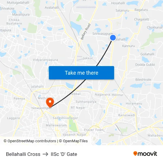 Bellahalli Cross to IISc 'D' Gate map
