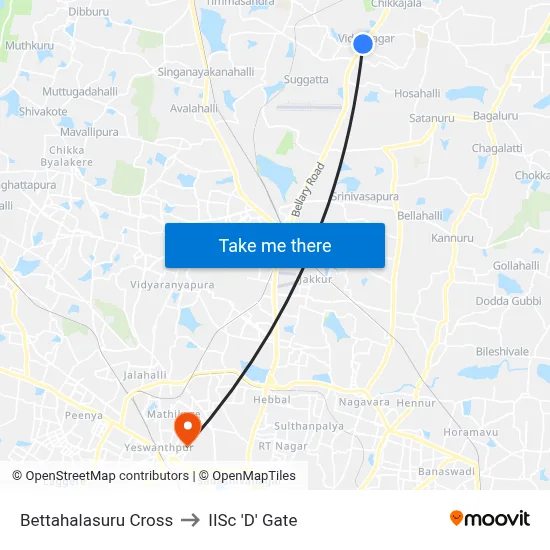Bettahalasuru Cross to IISc 'D' Gate map