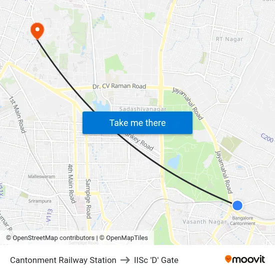 Cantonment Railway Station to IISc 'D' Gate map