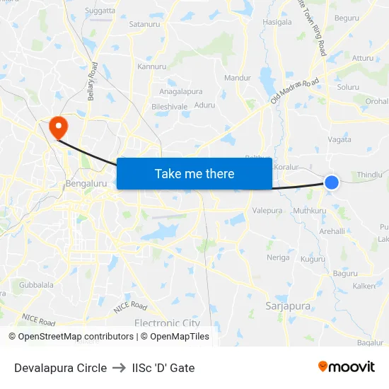 Devalapura Circle to IISc 'D' Gate map
