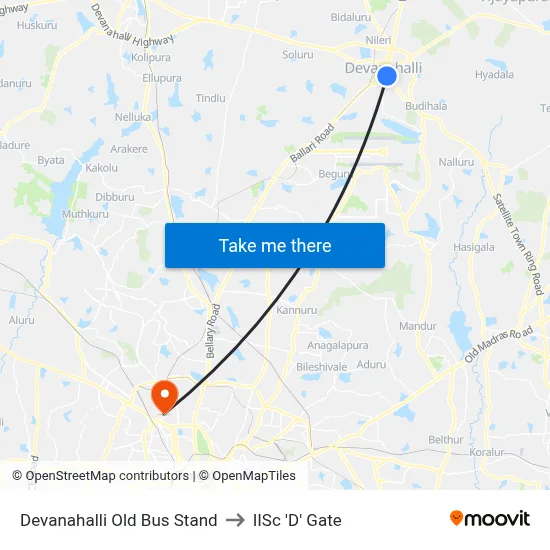 Devanahalli Old Bus Stand to IISc 'D' Gate map
