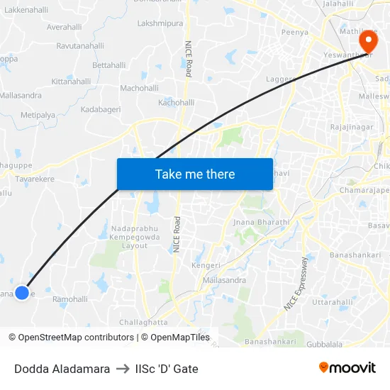Dodda Aladamara to IISc 'D' Gate map