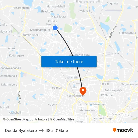 Dodda Byalakere to IISc 'D' Gate map