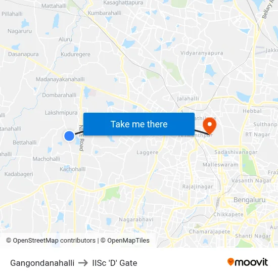 Gangondanahalli to IISc 'D' Gate map