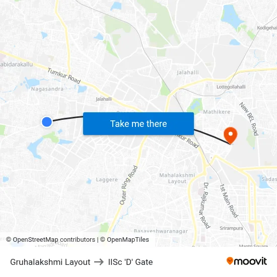Gruhalakshmi Layout to IISc 'D' Gate map