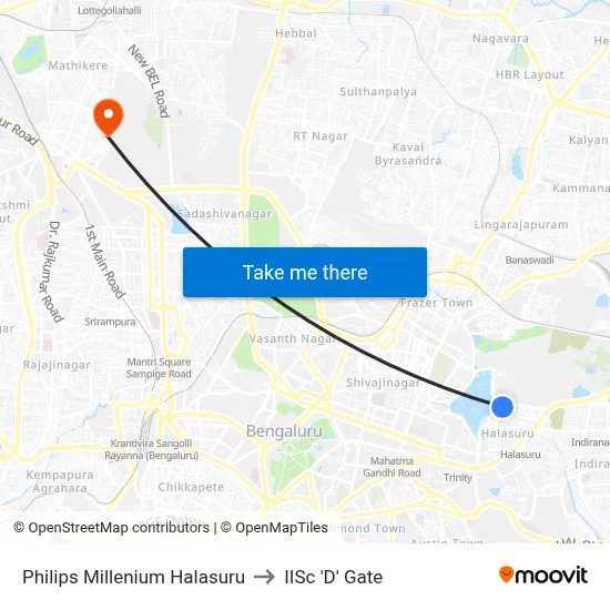 Philips Millenium Halasuru to IISc 'D' Gate map