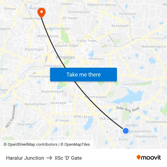 Haralur Junction to IISc 'D' Gate map