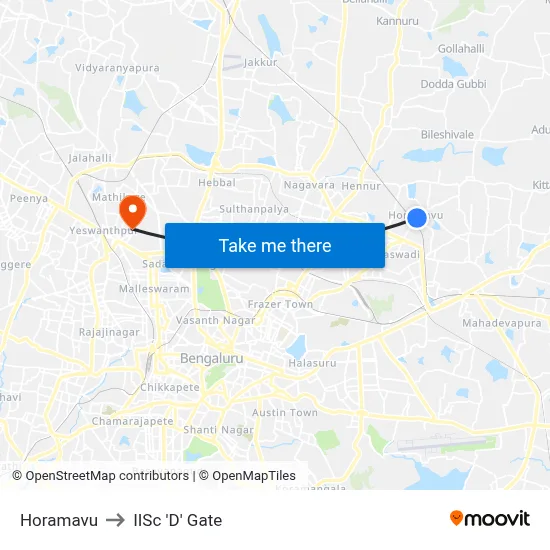 Horamavu to IISc 'D' Gate map