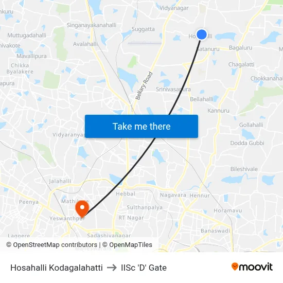Hosahalli Kodagalahatti to IISc 'D' Gate map