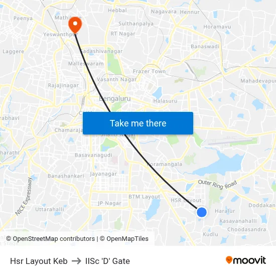 Hsr Layout Keb to IISc 'D' Gate map