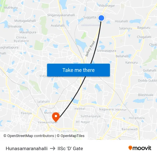 Hunasamaranahalli to IISc 'D' Gate map