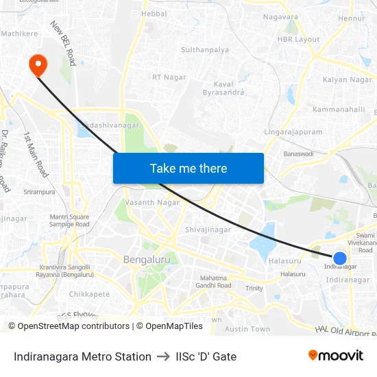 Indiranagara Metro Station to IISc 'D' Gate map