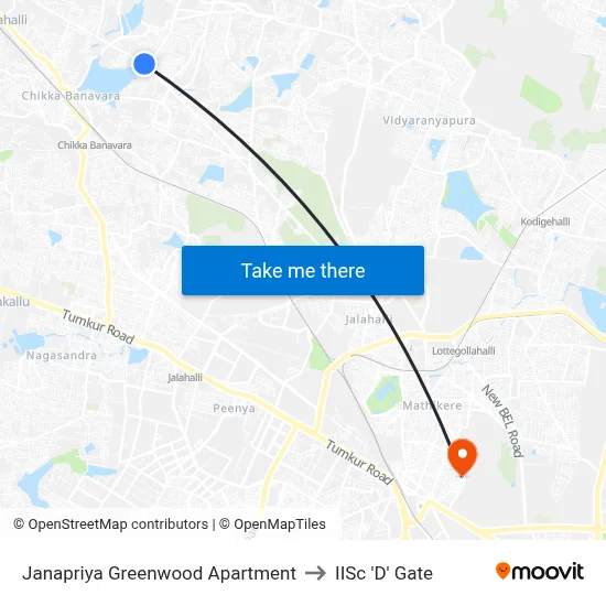 Janapriya Greenwood Apartment to IISc 'D' Gate map