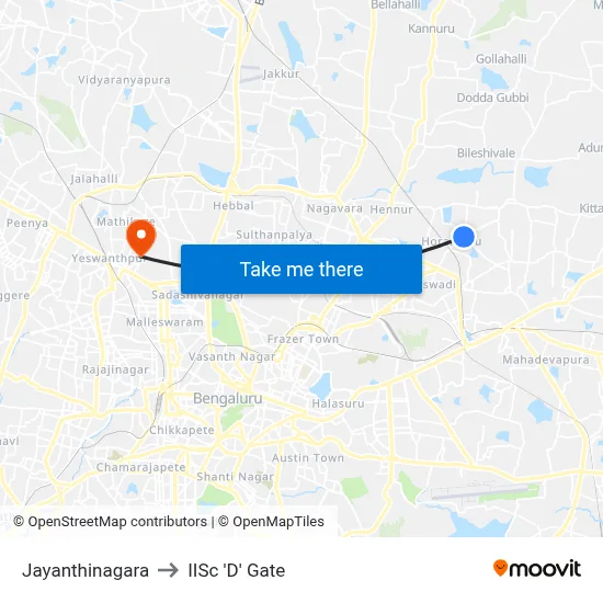 Jayanthinagara to IISc 'D' Gate map