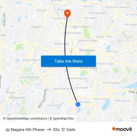 Jp Nagara 6th Phase to IISc 'D' Gate map
