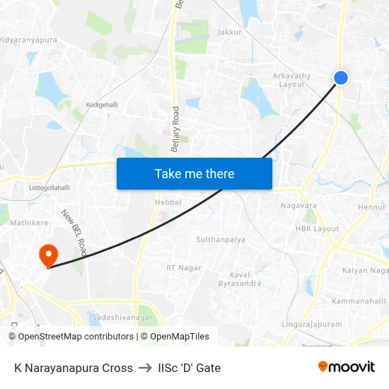 K Narayanapura Cross to IISc 'D' Gate map
