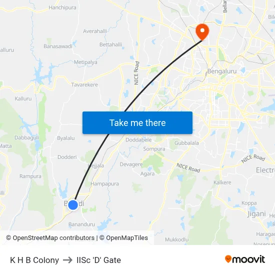 K H B Colony to IISc 'D' Gate map