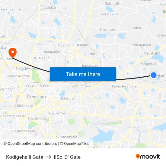 Kodigehalli Gate to IISc 'D' Gate map