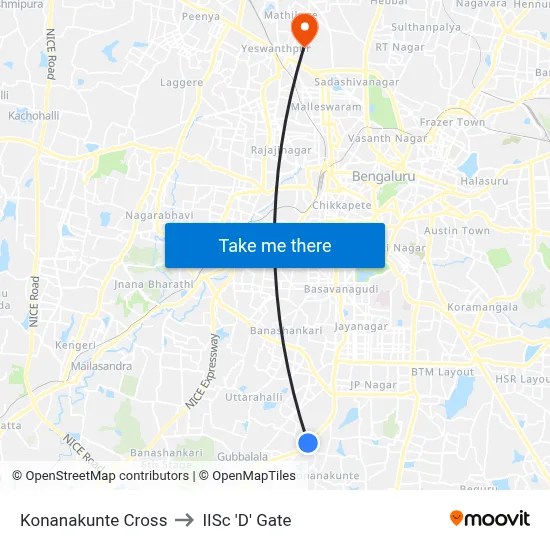 Konanakunte Cross to IISc 'D' Gate map