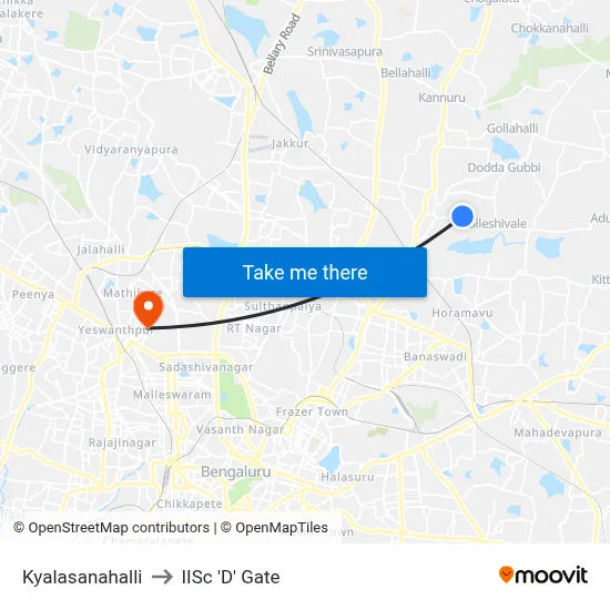 Kyalasanahalli to IISc 'D' Gate map