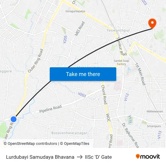 Lurdubayi Samudaya Bhavana to IISc 'D' Gate map