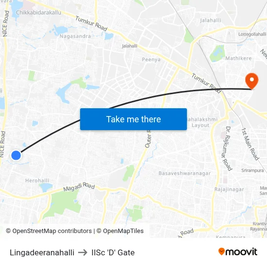 Lingadeeranahalli to IISc 'D' Gate map