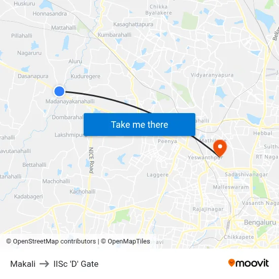Makali to IISc 'D' Gate map