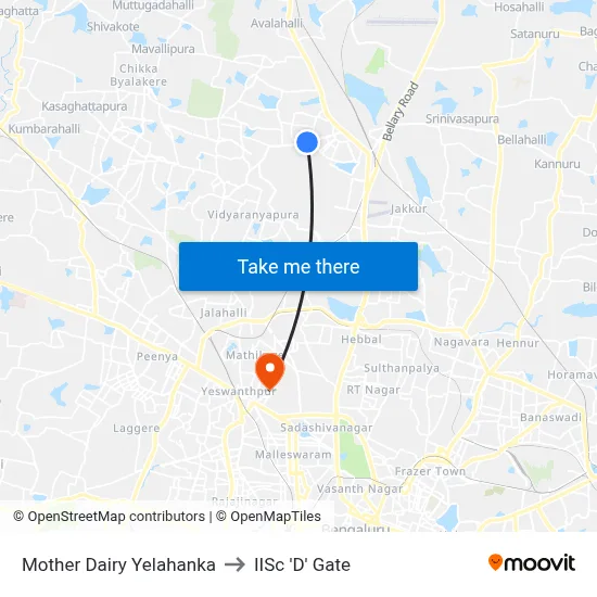 Mother Dairy Yelahanka to IISc 'D' Gate map