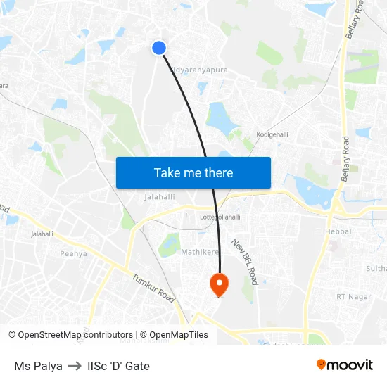 Ms Palya to IISc 'D' Gate map